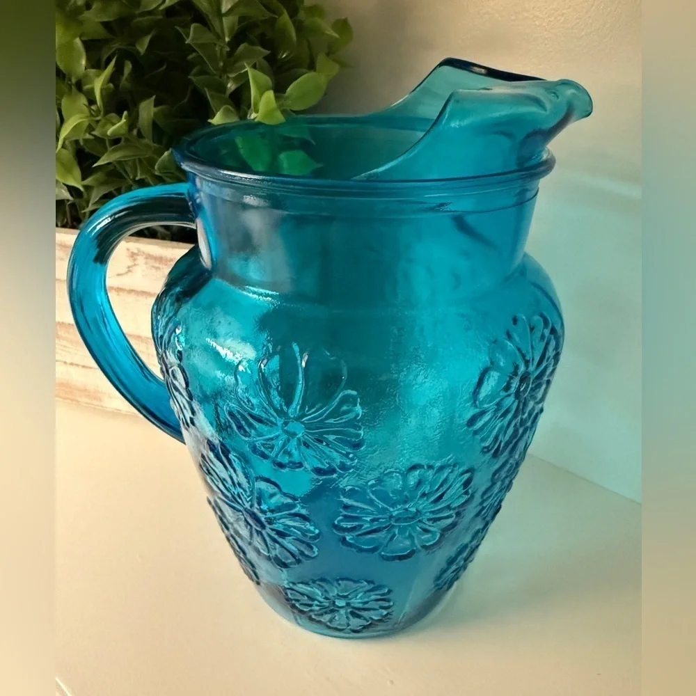 Cobalt Blue Glass Water Pitcher Vtg. 1960’s Embossed Floral Mid Century Modern